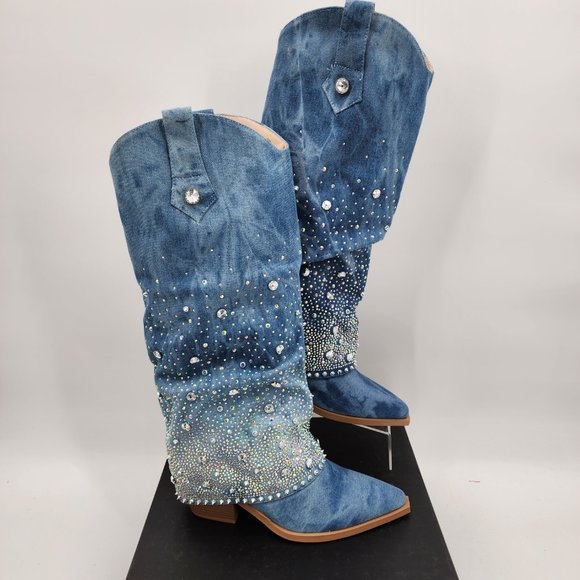AZALEA WANG Mellow Denim Western Rhinestone Studded Cowgirl Cowboy Boots 7-11 - Picture 6 of 12